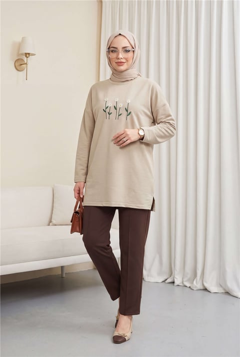 Papatya Nakışlı Yuvarlak Yaka Penye Tunik -Taş-Tunik-253-13148-R43