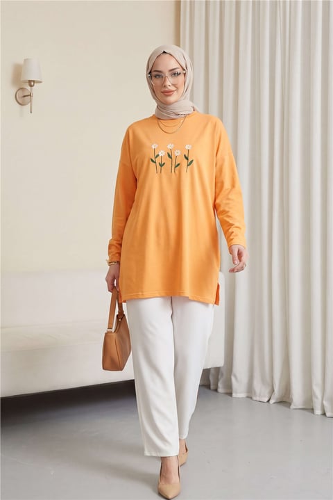 Papatya Nakışlı Yuvarlak Yaka Penye Tunik -Turuncu-Tunik-253-13148-R16