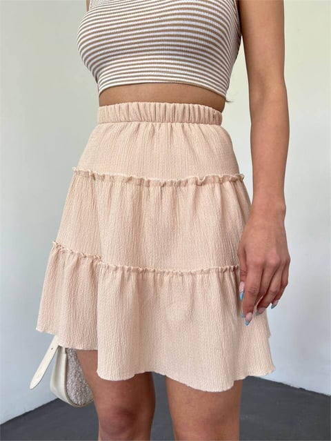 Parça Kumaş Beli Lastikli Şortlu Etek -Bej-Etek-358-10500-R56