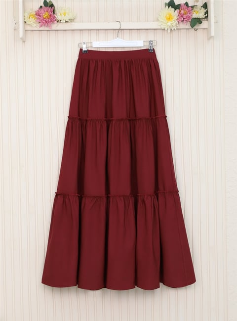 Parçalı Beli Lastikli Etek -Bordo-Etek-118-10046-R04