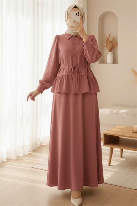 Parçalı Büzgülü Bluz Etekli Takım -G.Kurusu-Takım-349-7060-R27