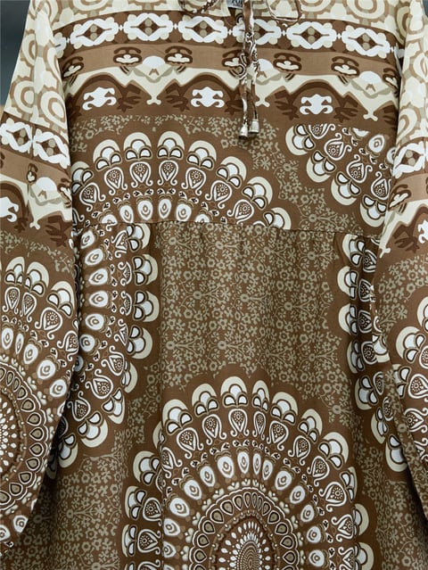 Elbise-Parçalı Deseli Bağcıklı Kolu Lastikli Elbise  -Kahve-199-6042-R15