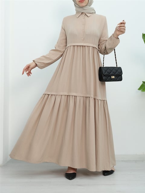 Elbise-Parçalı Yarım Düğmeli Kolu Lastikli Elbise -Bej-349-5060E-R56