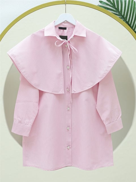 Pelerinli Çizgili Gömlek -Pembe-Gömlek-111-22003-R20