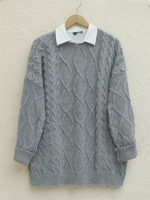 Petek Desen Kışlık Salaş Triko Kazak     -Gri-Kazak-109-0228-R11
