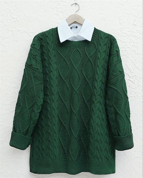 Petek Desen Kışlık Salaş Triko Kazak           -Koyu Yeşil-Kazak-109-0228-R79