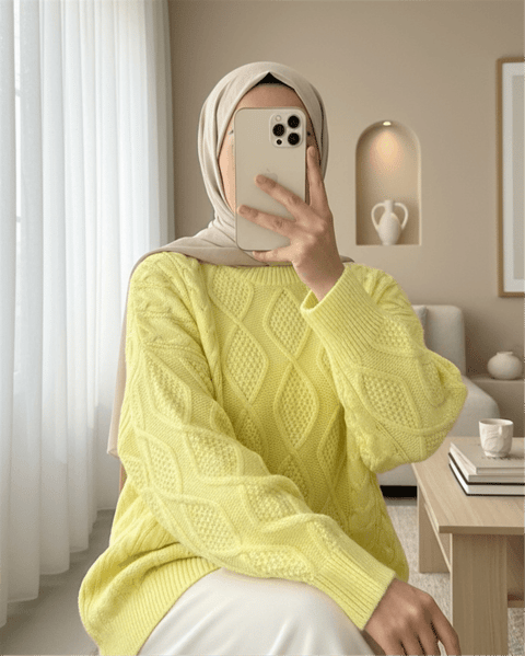 Petek Desen Kışlık Salaş Triko Kazak        -Sarı-Kazak-109-0228-R22