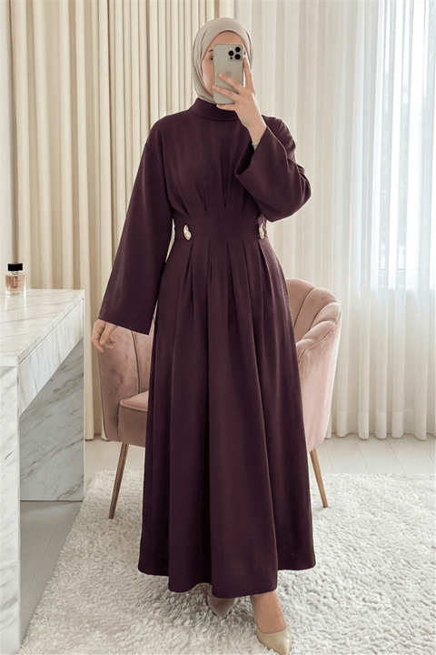 Pileli Beli Kemerli Toka Detaylı Modal Elbise -Mürdüm-Elbise-111-61613-R09