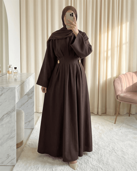 Pileli Beli Kemerli Toka Detaylı Modal Elbise -Kahve-Elbise-111-61613-R15