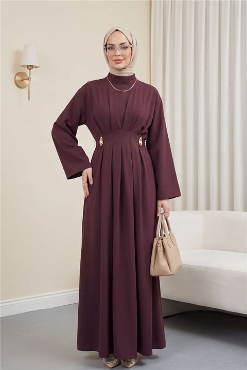 Pileli Beli Kemerli Toka Detaylı Modal Elbise  -Bordo-Elbise-111-61613-R04