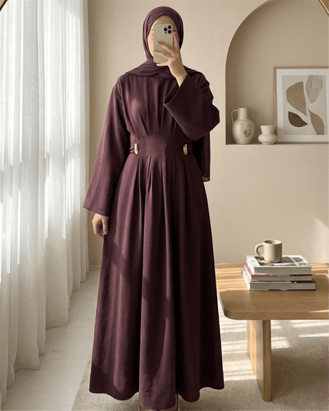 Pileli Beli Kemerli Toka Detaylı Modal Elbise -Mürdüm-Elbise-111-61613-R09