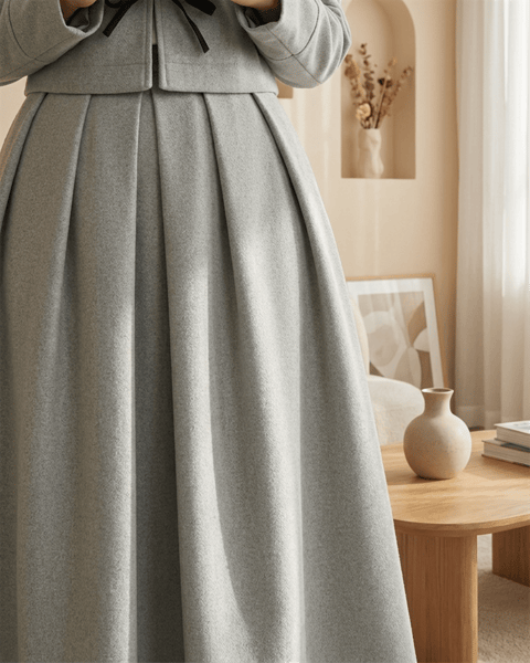Pileli Fermuarlı Kaşe Etek    -Açık Gri-Etek-346-3045-R41