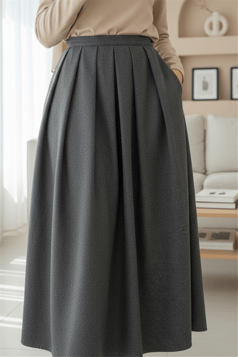 Pileli Fermuarlı Kaşe Etek   -Füme-Etek-346-3045-R18