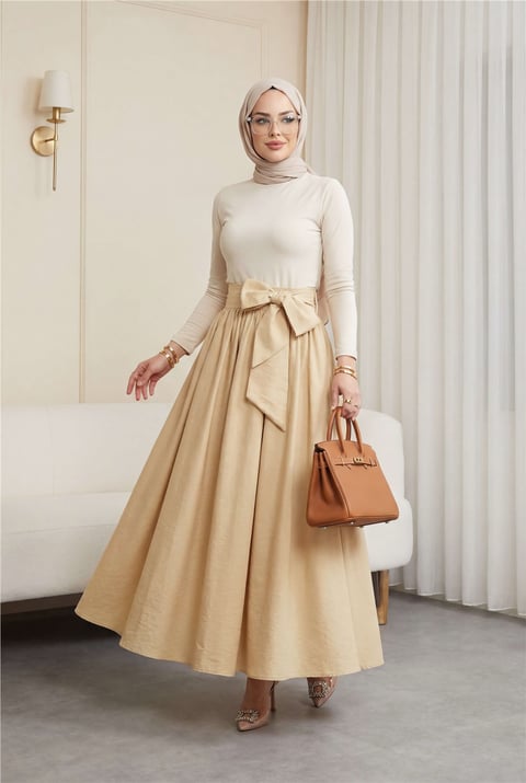 Piliseli Kemerli Paraşüt Etek    -Açık Sarı-Etek-346-3059-R75