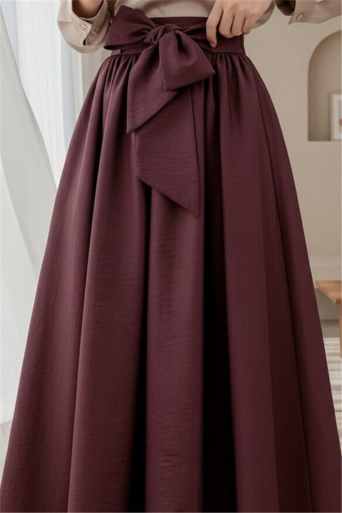 Piliseli Kemerli Paraşüt Etek   -Bordo-Etek-346-3059-R04