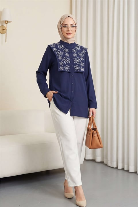 Plastron Detaylı Nakışlı Poplin Gömlek -Laci-Gömlek-349-8050-R03