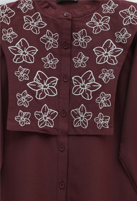 Plastron Detaylı Nakışlı Poplin Gömlek -Bordo-Gömlek-349-8050-R04