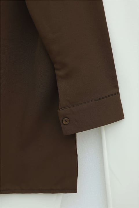 Plastron Detaylı Nakışlı Poplin Gömlek -Kahve-Gömlek-349-8050-R15