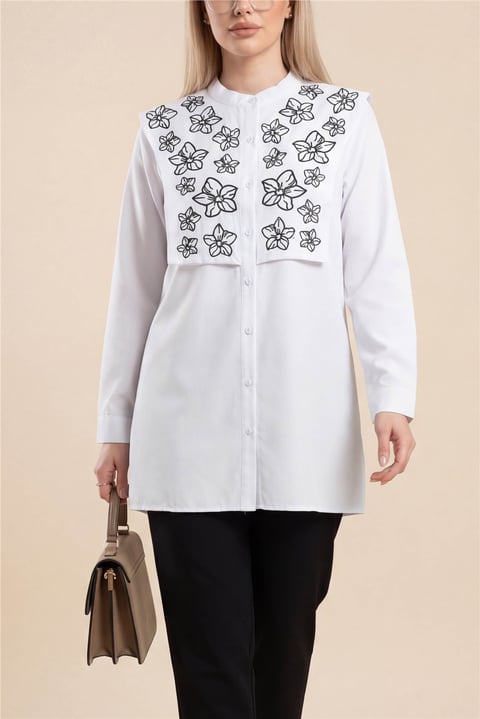 Plastron Detaylı Nakışlı Poplin Gömlek -Beyaz-Gömlek-349-8050-R02