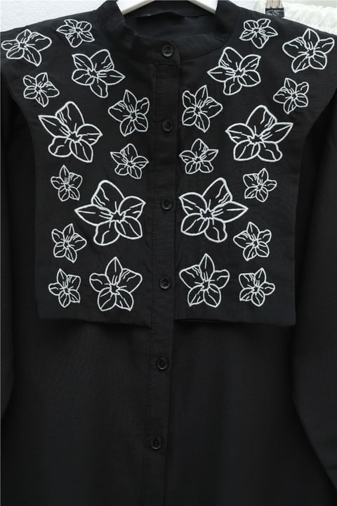 Plastron Detaylı Nakışlı Poplin Gömlek -Siyah-Gömlek-349-8050-R01