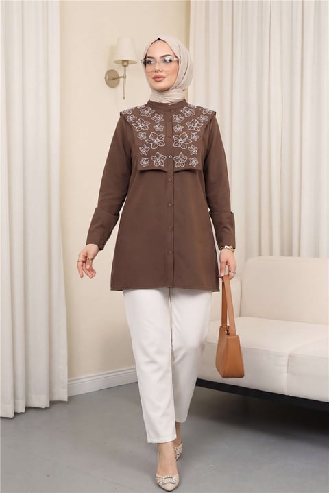 Plastron Detaylı Nakışlı Poplin Gömlek -Kahve-Gömlek-349-8050-R15
