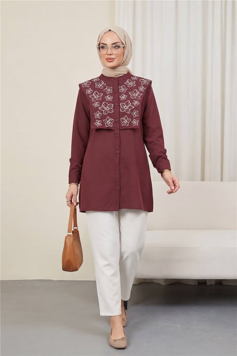 Plastron Detaylı Nakışlı Poplin Gömlek -Bordo-Gömlek-349-8050-R04