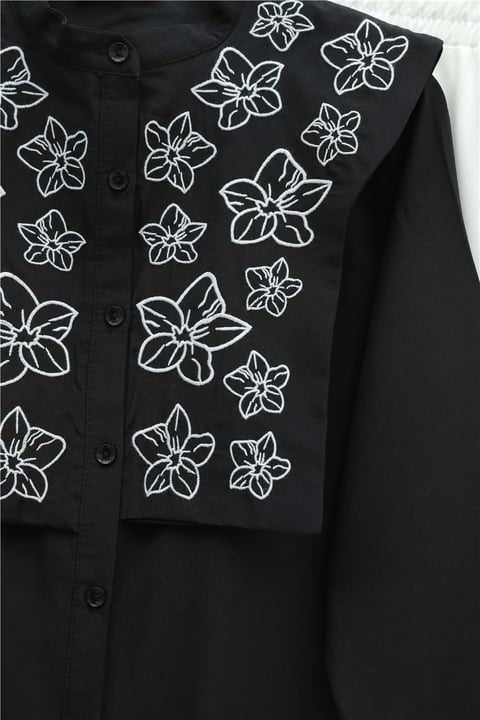 Plastron Detaylı Nakışlı Poplin Gömlek -Siyah-Gömlek-349-8050-R01