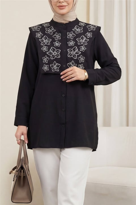 Plastron Detaylı Nakışlı Poplin Gömlek -Siyah-Gömlek-349-8050-R01