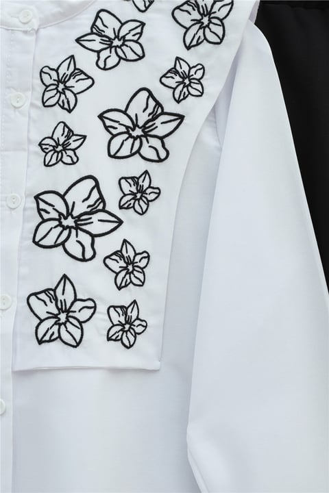 Plastron Detaylı Nakışlı Poplin Gömlek -Beyaz-Gömlek-349-8050-R02