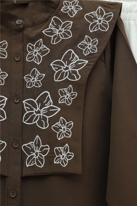 Plastron Detaylı Nakışlı Poplin Gömlek -Kahve-Gömlek-349-8050-R15