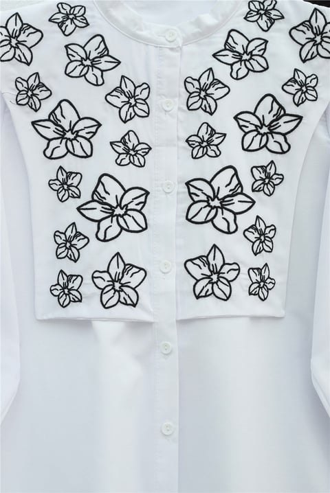 Plastron Detaylı Nakışlı Poplin Gömlek -Beyaz-Gömlek-349-8050-R02