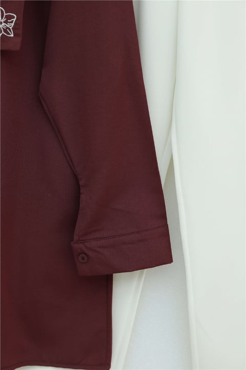 Plastron Detaylı Nakışlı Poplin Gömlek -Bordo-Gömlek-349-8050-R04