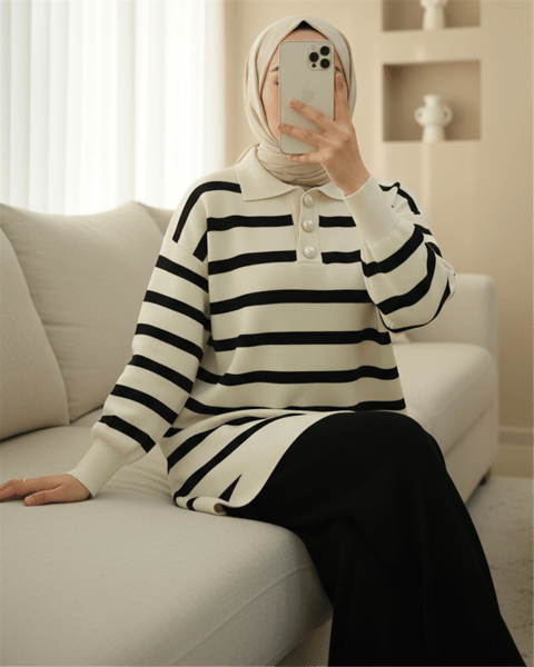 Polo Yaka Düğmeli Çizgili Triko Takım  -Siyah-Takım-295-2025-R01