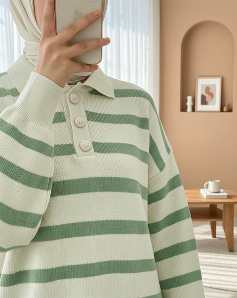 Polo Yaka Düğmeli Çizgili Triko Takım   -Yeşil-Takım-295-2025-R35