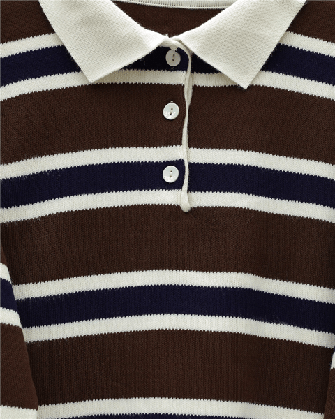 Polo Yaka Düğmeli Renkli Çizgili Triko Kazak -Kahve-Kazak-109-9757-R15