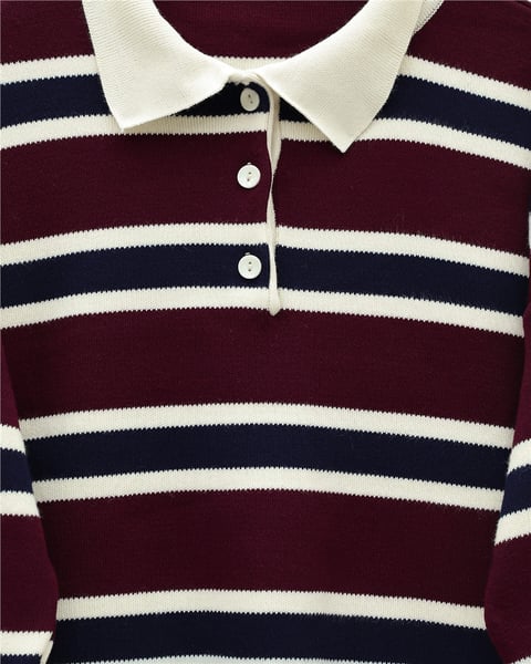 Polo Yaka Düğmeli Renkli Çizgili Triko Kazak -Bordo-Kazak-109-9757-R04