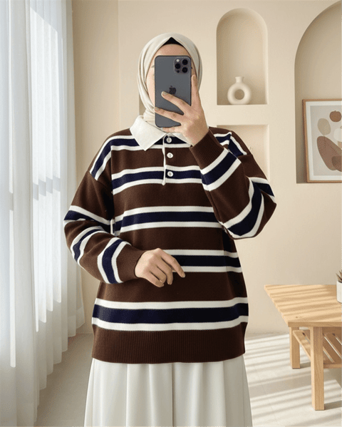 Polo Yaka Düğmeli Renkli Çizgili Triko Kazak -Kahve-Kazak-109-9757-R15