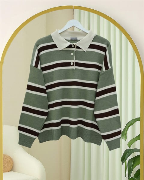 Polo Yaka Düğmeli Renkli Çizgili Triko Kazak  -Yeşil-Kazak-109-9757-R35