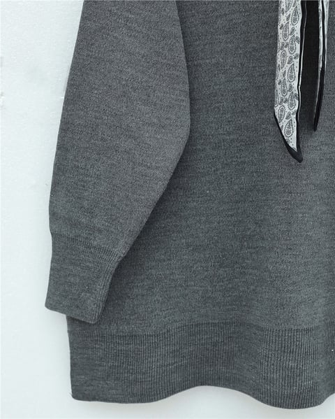 Polo Yaka Fularlı Yırtmaçlı Salaş Triko Tunik  -Füme-Kazak-295-1299-R18