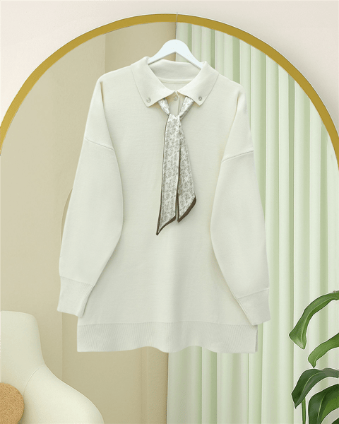 Polo Yaka Fularlı Yırtmaçlı Salaş Triko Tunik  -Krem-Kazak-295-1299-R28