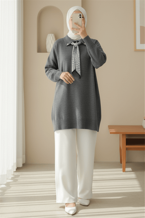 Polo Yaka Fularlı Yırtmaçlı Salaş Triko Tunik  -Füme-Kazak-295-1299-R18