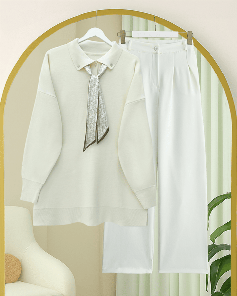 Polo Yaka Fularlı Yırtmaçlı Salaş Triko Tunik  -Krem-Kazak-295-1299-R28