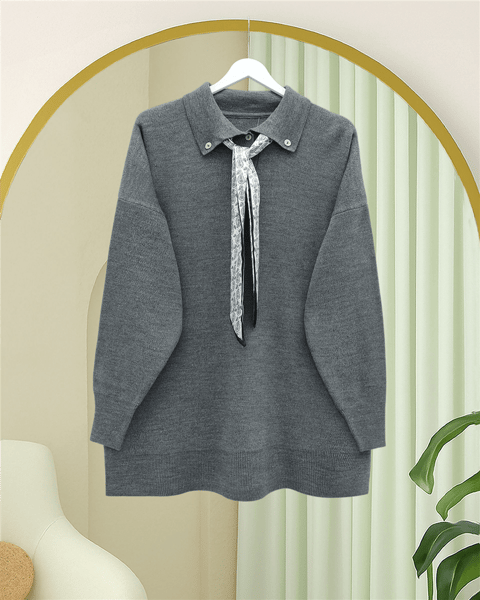 Polo Yaka Fularlı Yırtmaçlı Salaş Triko Tunik  -Füme-Kazak-295-1299-R18