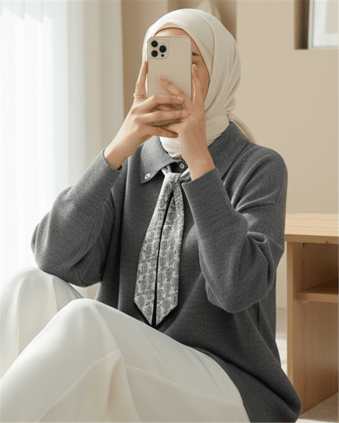 Polo Yaka Fularlı Yırtmaçlı Salaş Triko Tunik  -Füme-Kazak-295-1299-R18