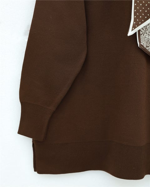 Polo Yaka Fularlı Yırtmaçlı Salaş Triko Tunik  -Kahve-Kazak-295-1299-R15