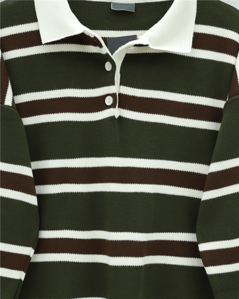 Polo Yaka Yarım Düğmeli Renkli Çizgili Triko Kazak -Haki-Kazak-109-9755-R05