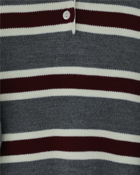 Polo Yaka Yarım Düğmeli Renkli Çizgili Triko Kazak -Füme-Kazak-109-9755-R18