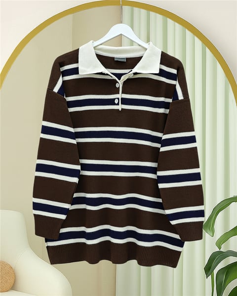 Polo Yaka Yarım Düğmeli Renkli Çizgili Triko Kazak -Kahve-Kazak-109-9755-R15