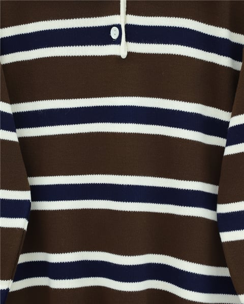 Kazak-Polo Yaka Yarım Düğmeli Renkli Çizgili Triko Kazak -Kahve-109-9755-R15
