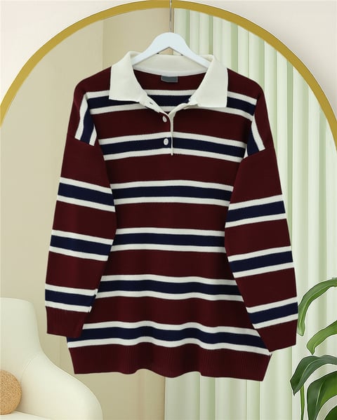 Kazak-Polo Yaka Yarım Düğmeli Renkli Çizgili Triko Kazak -Bordo-109-9755-R04